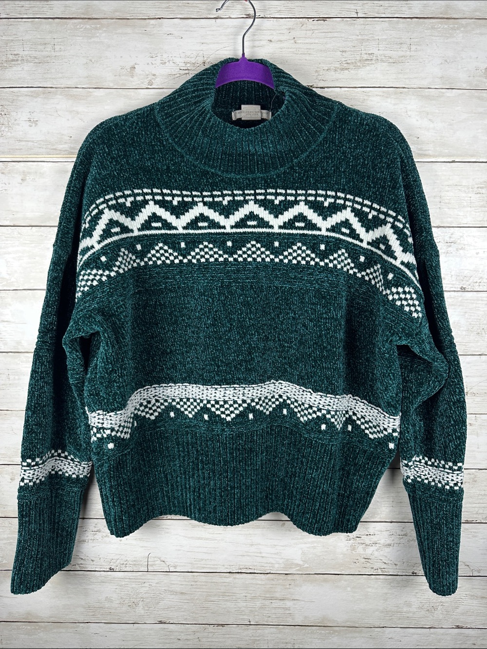 Christian Siriano Dark Green Fair Isle Cozy Chenille Knit Sweater Size XL